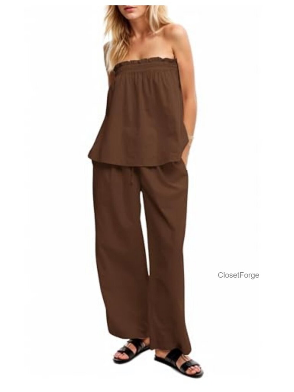 Women 2 Piece Lounge Set Cotton Tube Top Wide Leg Pants Summer Beach